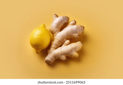 Fresh ginger with lemon on yellow background. top view, copy space - Powered by Shutterstock