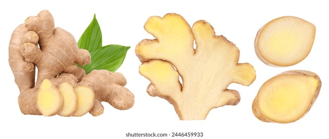 Fresh ginger rhizome with green leaves, Half and slice isolated on a white background, clipping path, Close-up - Powered by Shutterstock