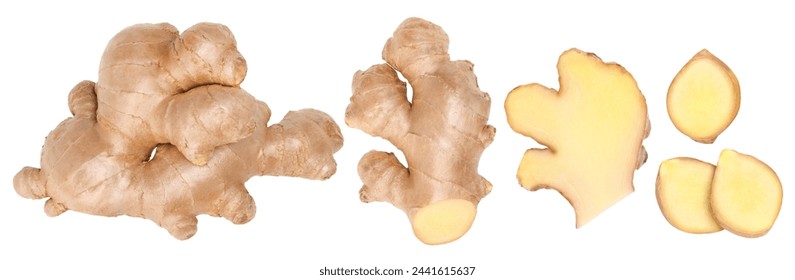  Fresh ginger rhizome, Half and  slice isolated on a white background, clipping path, Close-up