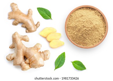Fresh Ginger rhizome and ginger powder in wooden bowl with mint green leaves isolated on white background. Top view. Flat lay.
