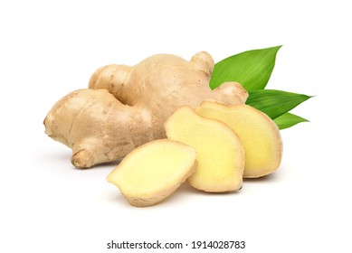 Fresh ginger rhizome with sliced and green leaves isolated on white background.