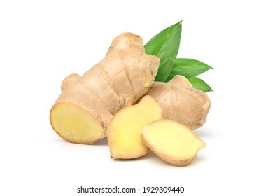 Fresh ginger rhizome with sliced and green leaves isolated on white background. - Shutterstock ID 1929309440