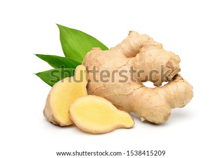 Fresh ginger rhizome with sliced and green leaves isolated on white background. ストックフォト © 