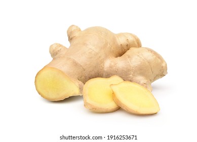 Fresh ginger rhizome with sliced  isolated on white background. 