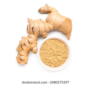 Fresh ginger root and bowl with dried powder on white background - Powered by Shutterstock