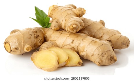 Fresh ginger root isolated on white, featuring detailed texture and a natural organic appearance.