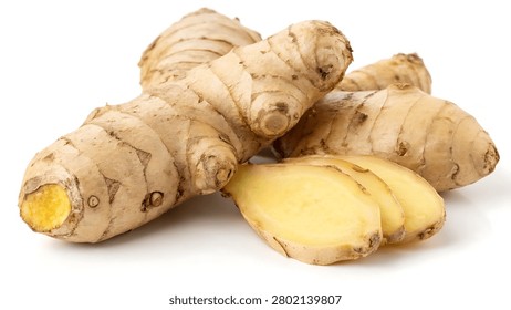 Fresh ginger root isolated on white, featuring detailed texture and a natural organic appearance.