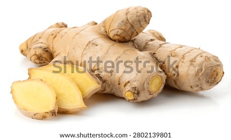Fresh ginger root isolated on white, featuring detailed texture and a natural organic appearance.