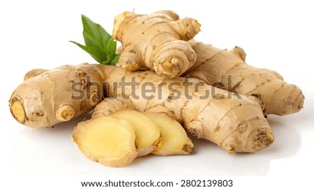 Fresh ginger root isolated on white, featuring detailed texture and a natural organic appearance.