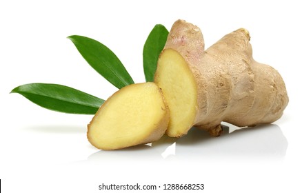 Fresh ginger root with leaves isolated on white background - Shutterstock ID 1288668253