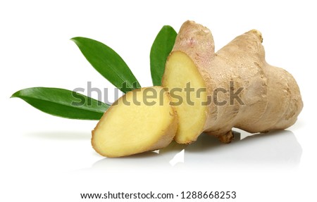 Fresh ginger root with leaves isolated on white background