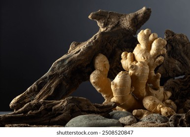 Fresh ginger root with old snags and stones on a black background. Concept of east herbal medicine.