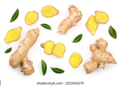 Fresh Ginger Root And Slice Isolated On White Background. Top View. Flat Lay