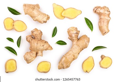 fresh Ginger root and slice isolated on white background. Top view. Flat lay - Shutterstock ID 1265457763
