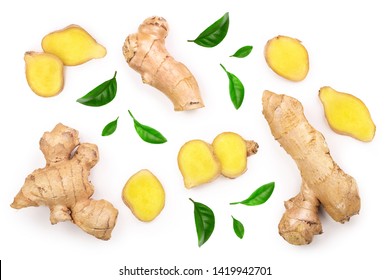 fresh Ginger root and slice isolated on white background. Top view. Flat lay - Shutterstock ID 1419942701