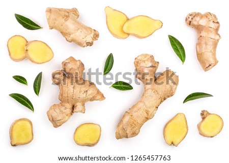 fresh Ginger root and slice isolated on white background. Top view. Flat lay