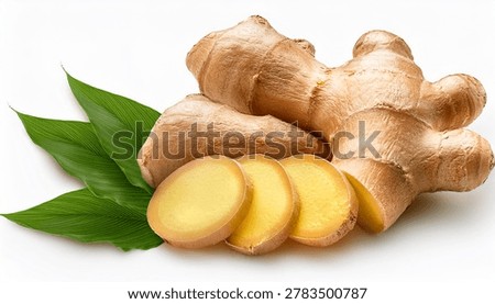 Fresh ginger root and slice isolated on clean white background natural spice concept.