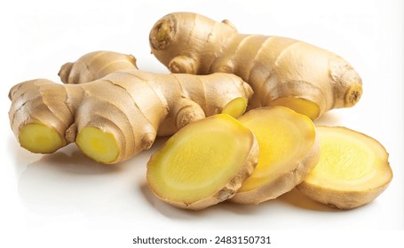 Fresh ginger root and sliced isolated on white background,clipping path.