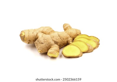 Fresh ginger and sliced ​​ginger isolated on white background.