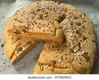 Fresh Gluten Free Bread On The Kitchen Counter Top. Sesame, Pumpkin, Various Seeds Mix. Baking Soda Bread No Yeast