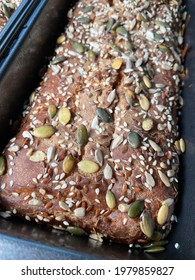 Fresh Gluten Free Bread On The Kitchen Counter Top. Sesame, Pumpkin, Various Seeds Mix. Baking Soda Bread No Yeast