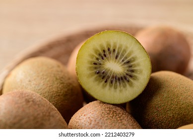 Fresh Golden Kiwi Fruit In Basket, Close Up