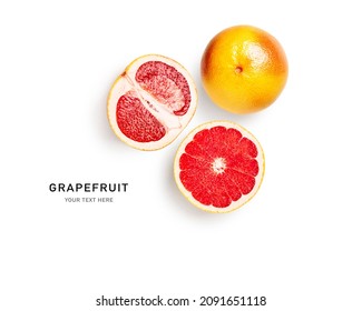 Fresh Grapefruit Fruit Creative Layout Isolated On White Background. Healthy Eating And Dieting Food Concept. Winter Citrus Fruits Composition. Flat Lay, Top View. Design Element
