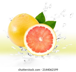 Fresh Grapefruit fruit falling in the air with splash water isolated on white background, Grapefruit on white background With clipping path.