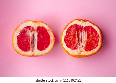 
Fresh grapefruit and stale grapefruit on a pink background. Concept of female health. A healthy vagina and an unhealthy vagina.