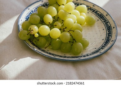 Fresh Grapes In Sunlight On Ceramic Plate. Healthy Food Aesthetics. Summer Fruits In Light On Soft Linen Background. Summertime In Countryside, Moody Banner