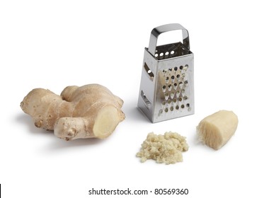 Fresh And Grated Ginger Root Isolated On White Background