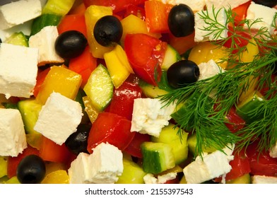 Fresh Greek Salad In A Plate. Chopped Vegetables Close Up. Healthy Food Concept. Light Healthy Breakfast. Diet Food Illustration