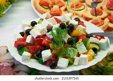 Fresh Greek Salad In A Plate. Chopped Vegetables Close Up. Healthy Food Concept. Light Healthy Breakfast. Diet Food Illustration