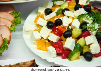 Fresh Greek Salad In A Plate. Chopped Vegetables Close Up. Healthy Food Concept. Light Healthy Breakfast. Diet Food Illustration