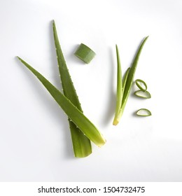 Fresh green Aloe vera leaves  branch with slices isolated on white background. Top view angle close up of herb plant for skin care  beauty treatment - Shutterstock ID 1504732475