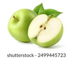 Fresh green apple with cut in half isolated on white background. Clipping path.