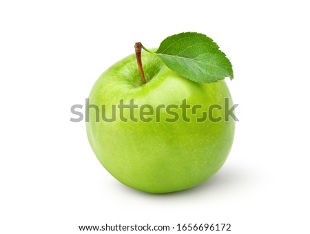 Fresh green apple with green leaf isolated on white background. Clipping path.