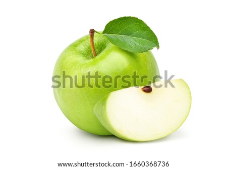 Fresh green apple with green leaf and sliced  isolated on white background. Clipping path.