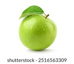 Fresh green apple with leaf and water droplets isolated on white background. Clipping path.