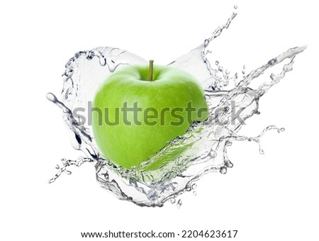 Fresh green apple and splash of water on white background