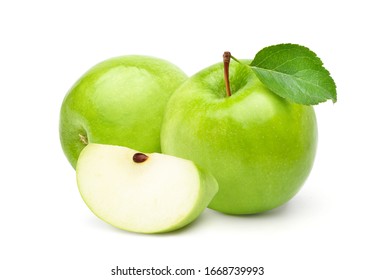 Fresh green apples with green leaf and sliced  isolated on white background.