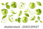 Fresh green apples and green leaves, rich collection - whole, half and quarter, different sides, fly, levitation as patten, isolated on white background. Summer natural food, fruits, design elements.