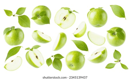 Fresh green apples and green leaves, rich collection - whole, half and quarter, different sides, fly, levitation as patten, isolated on white background. Summer natural food, fruits, design elements. - Shutterstock ID 2345139437