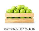 Fresh green apples in wooden crate isolated on white. Clipping path.