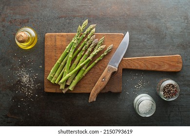 Fresh of green Asparagus. Cooking healthy meal. Bunches of green asparagus, top view- Image