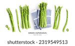 Fresh green asparagus isolated on white background. Creative layout. Healthy eating and dieting food concept. Design element and banner. Top view, flat lay
