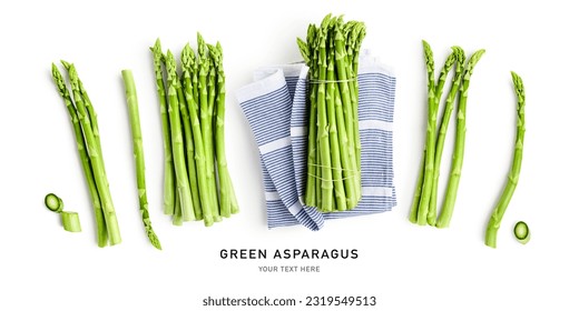 Fresh green asparagus isolated on white background. Creative layout. Healthy eating and dieting food concept. Design element and banner. Top view, flat lay