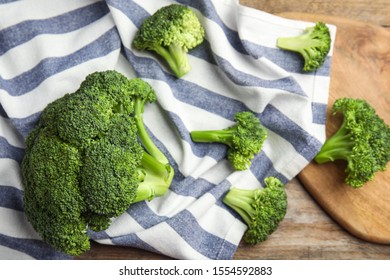 Fresh Green Broccoli On Wooden Table, Above View. Organic Food