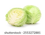 Fresh green cabbage with cut in half isolated on white background. Clipping path.