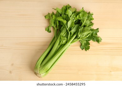 Fresh green celery bunch on wooden background